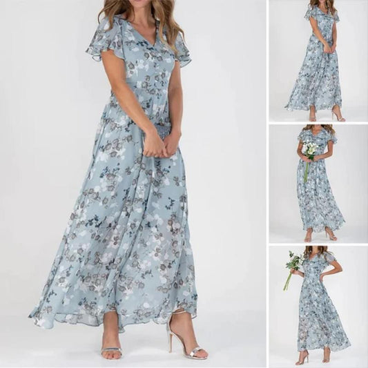 Kurzärmeliges langes Kleid mit Blumendruck